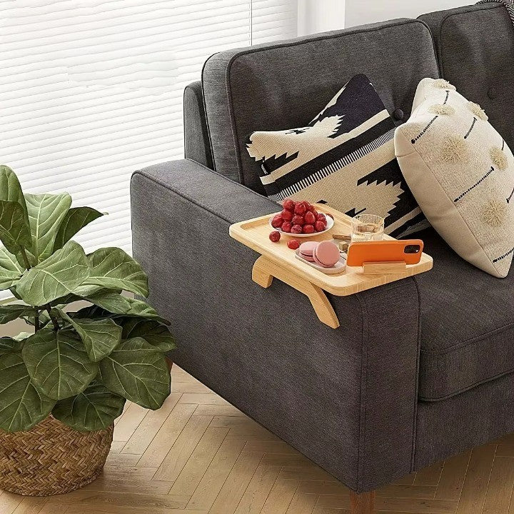 Wooden Clip-On Sofa Armrest Table Foldable Tray